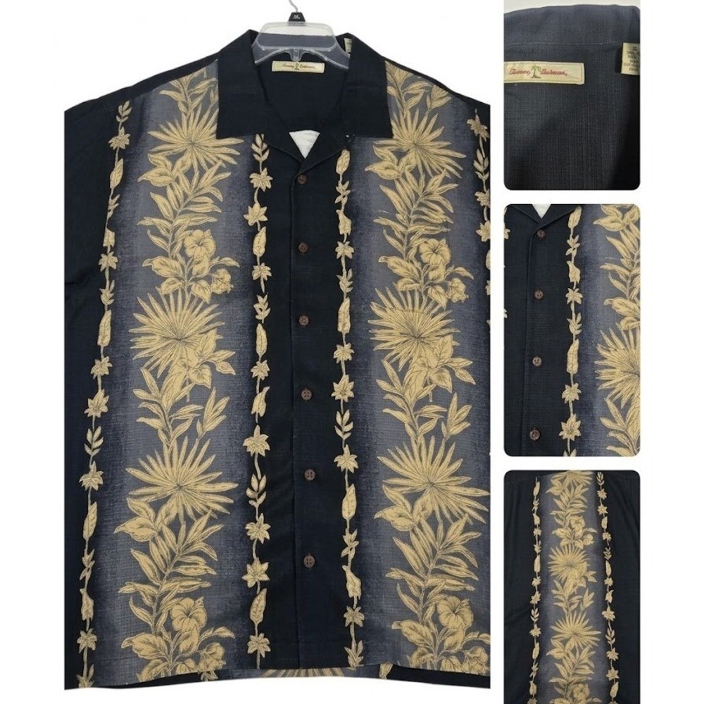 Vintage Tommy Bahama Silk Camp Shirt Mens XL Black Floral Panel Aloha Hawaii Y2K